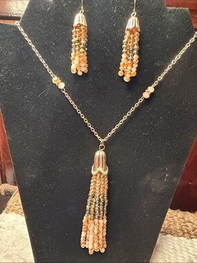 Handcrafted Peach and Gold Beaded Tassel Necklace & Earring Set